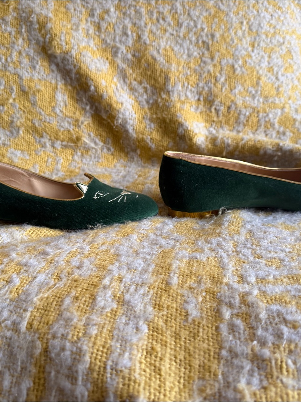 Charlotte Olympia Emerald Green Velvet Cat-Embroidered Flats - Picture 4 of 8